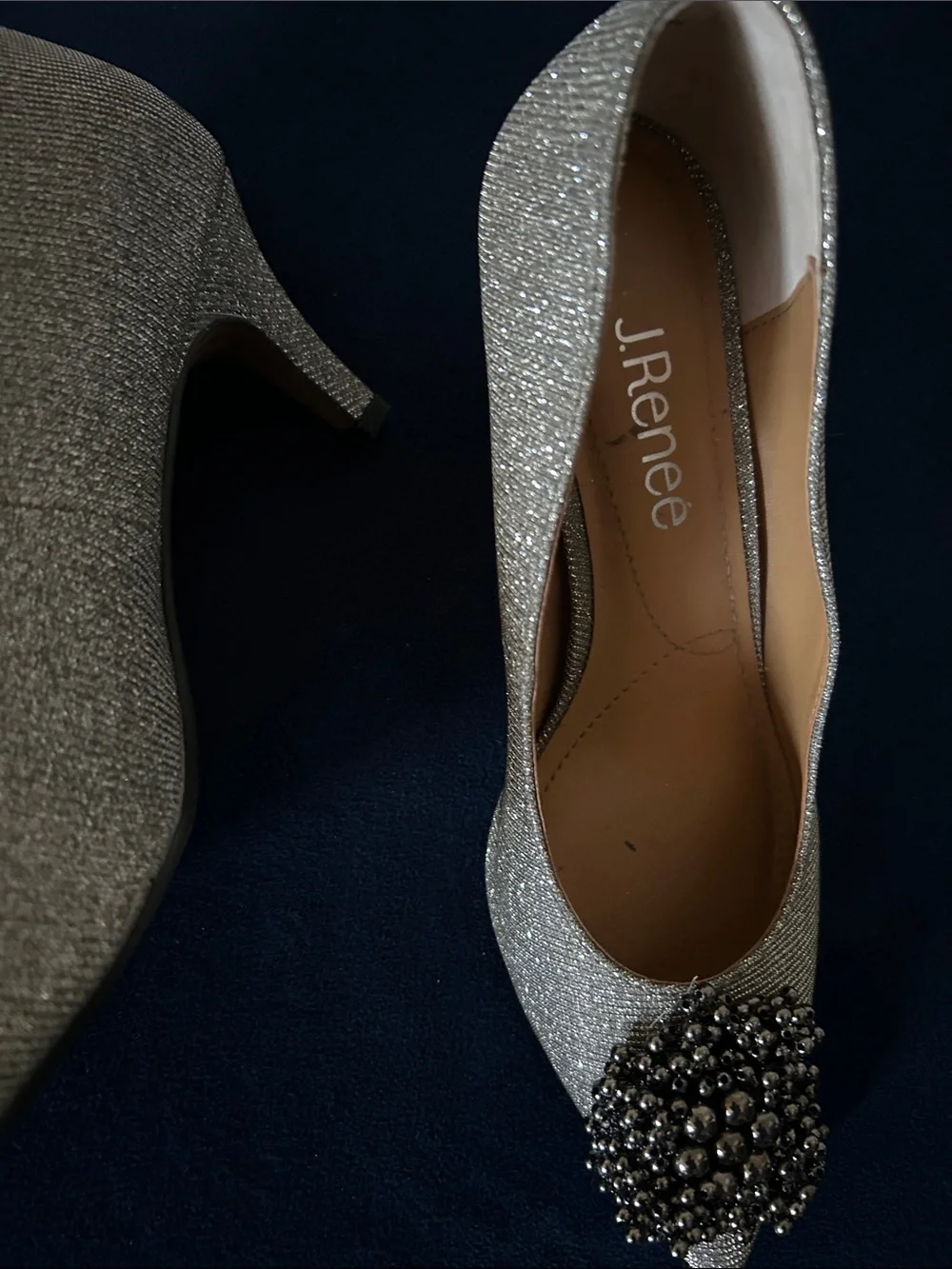 J.Renee Silver Pointed-Toe Heels with Beaded Brooch